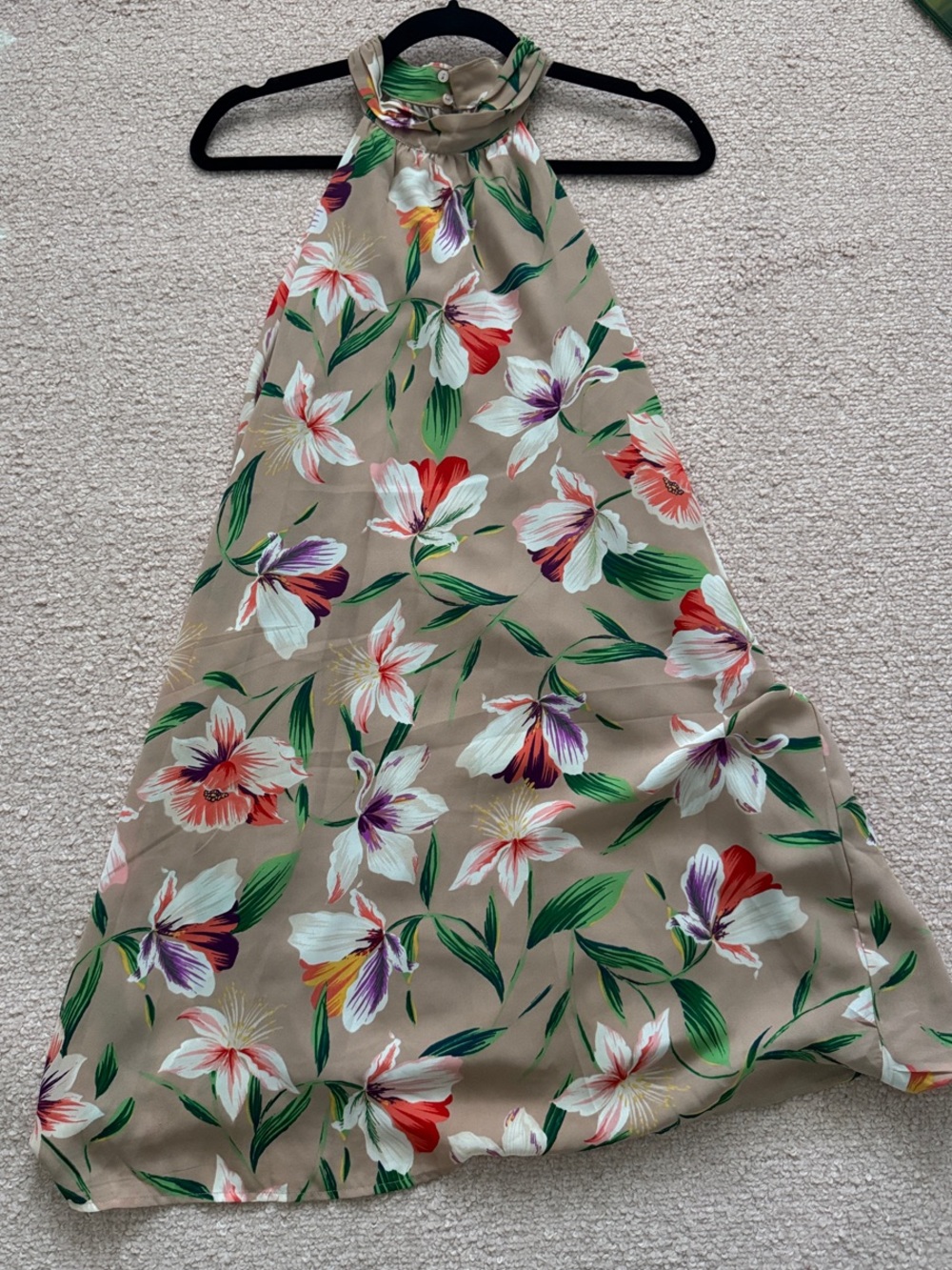 Lush One-Shoulder Floral Halter Dress in Taupe and Green